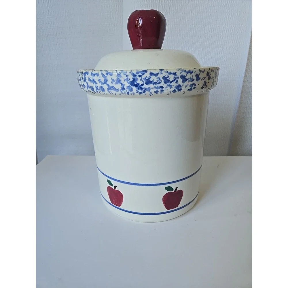 Vtg Treasure Craft Apple Cookie Jar Canister Spongeware Pottery Retro Kitchen 10